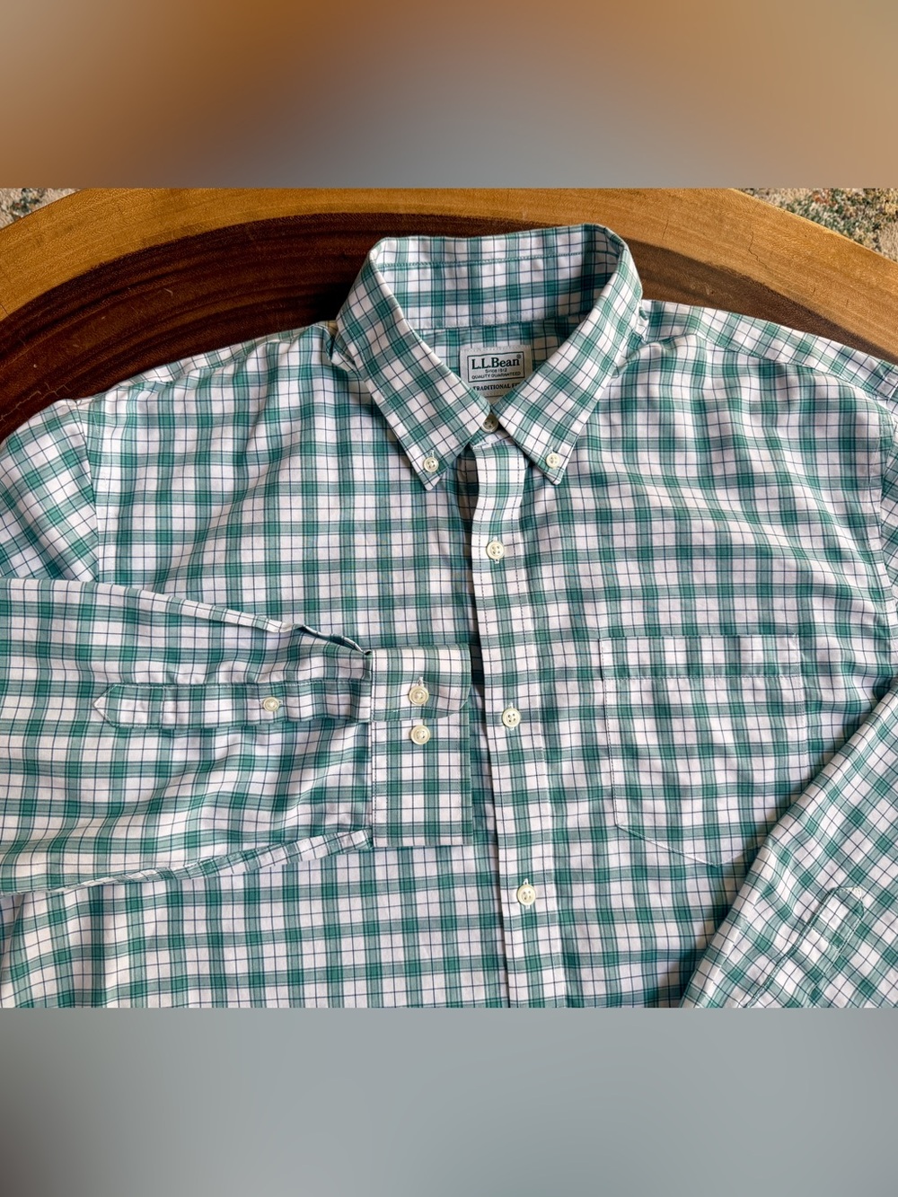 L.L. Bean Men's White and Green Plaid Button-Down Shirt L
